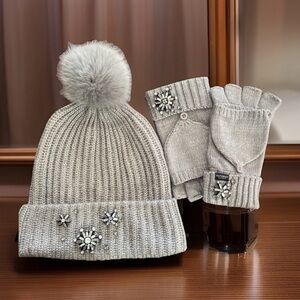 Victoria's Secret Silver Knit Beanie and Mitten Set